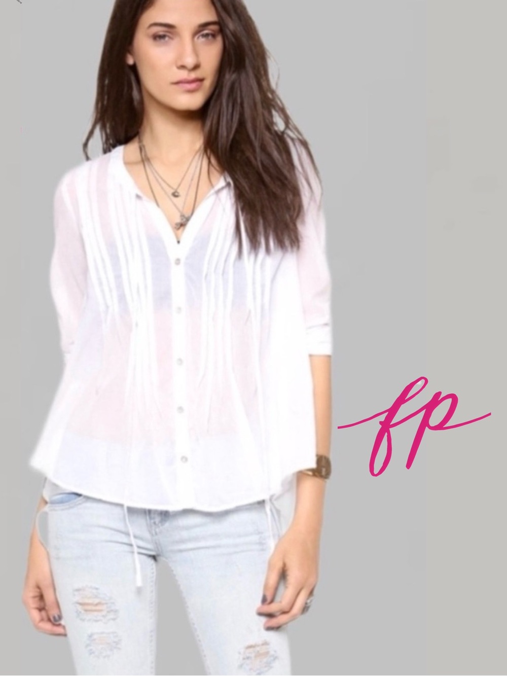 Free People Sisters Of The Moon White Button Down‎ Pleated Blouse Top Tunic S